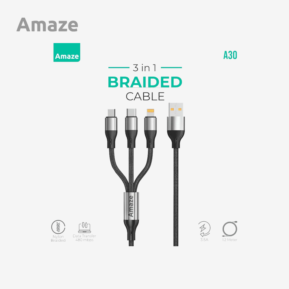 Amaze A30 3-in-1 USB to Micro/TypeC/iPhone Cable 3.5A 1.2m